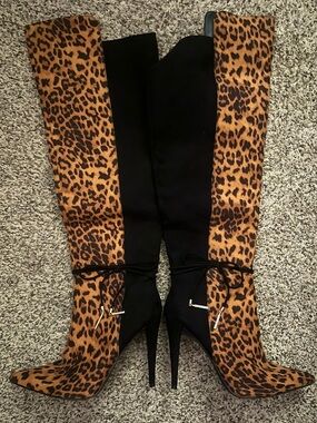 Leopard Print Over-the-Knee heel Boots - Black & Brown